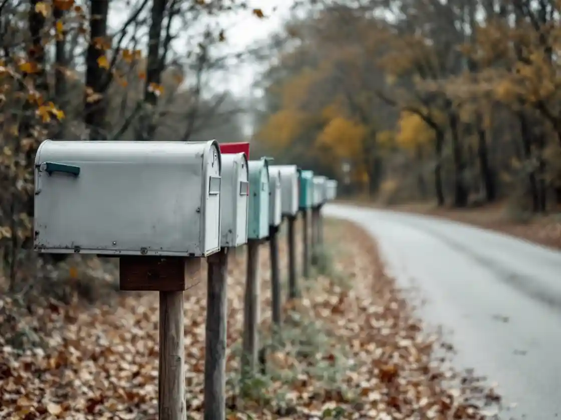 A row of identical mailboxes on a quiet rural road in autumn