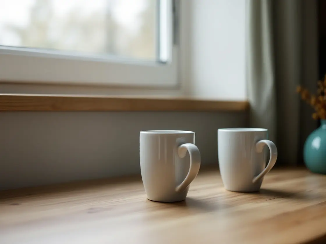 Two coffee mugs on a kitchen table beside an open window