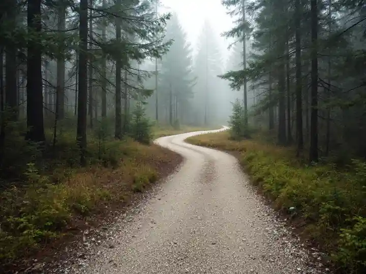 A fork in a gravel path through a pine forest in fog