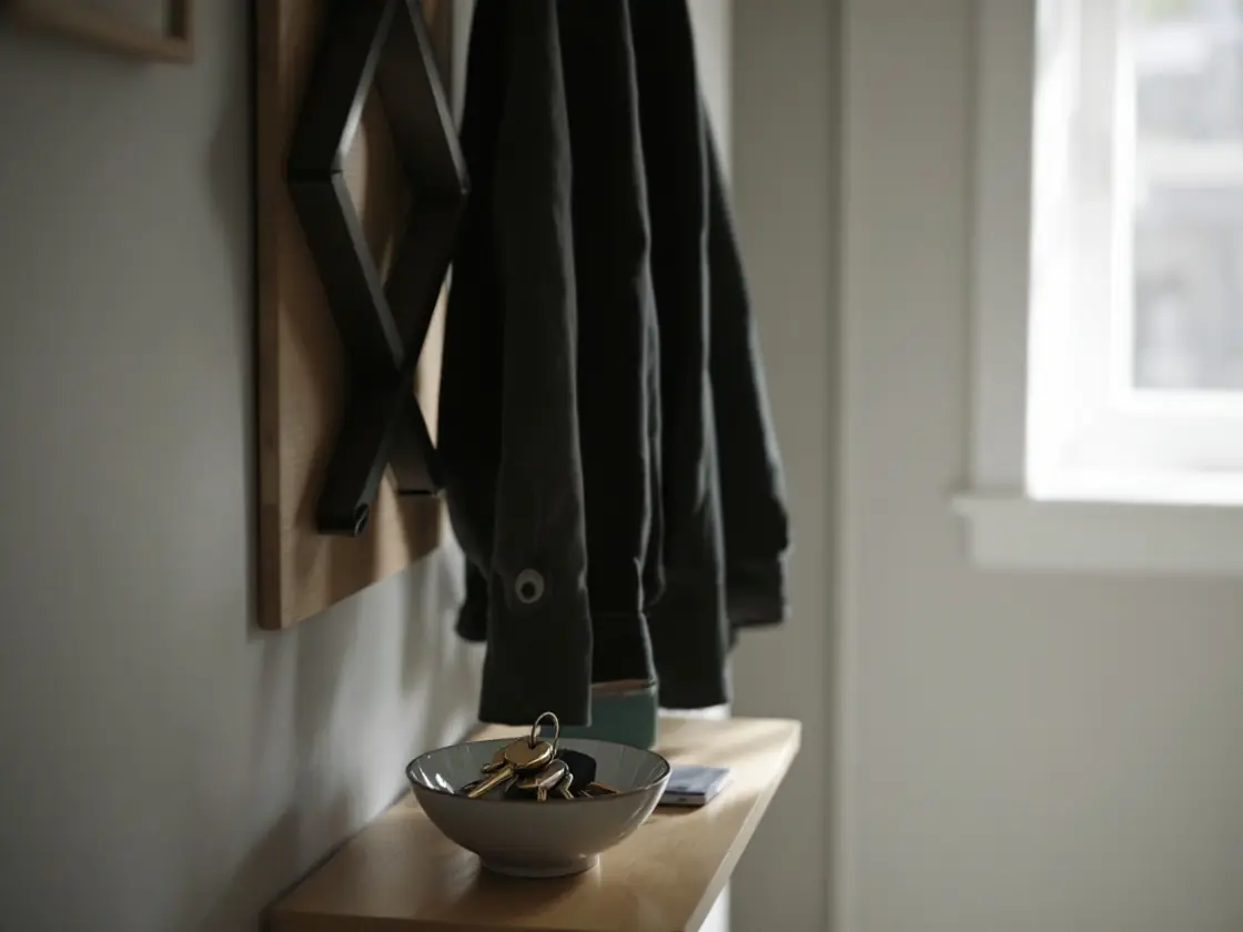 A hallway table with keys in a ceramic bowl beside a coat rack