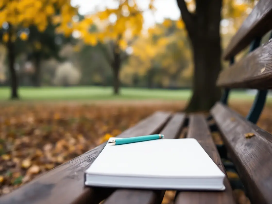 A notebook and pen on a park bench under yellow leaves