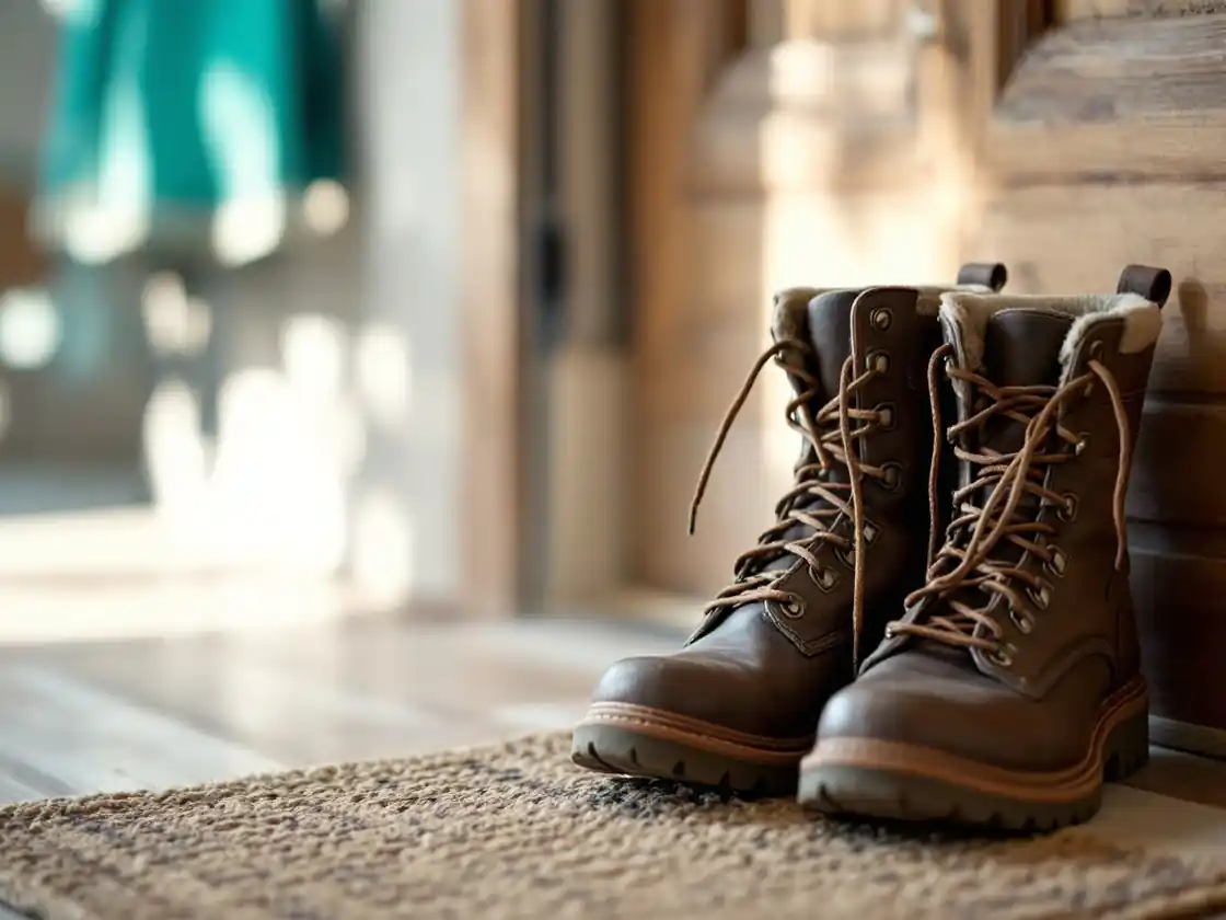 A pair of hiking boots drying on a wooden step in sunlight