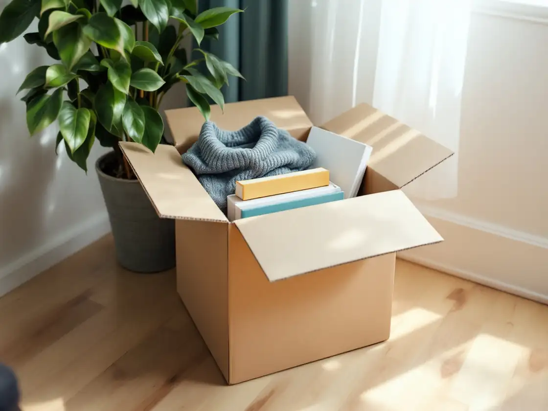 A packed cardboard box of books and a sweater on a wooden floor