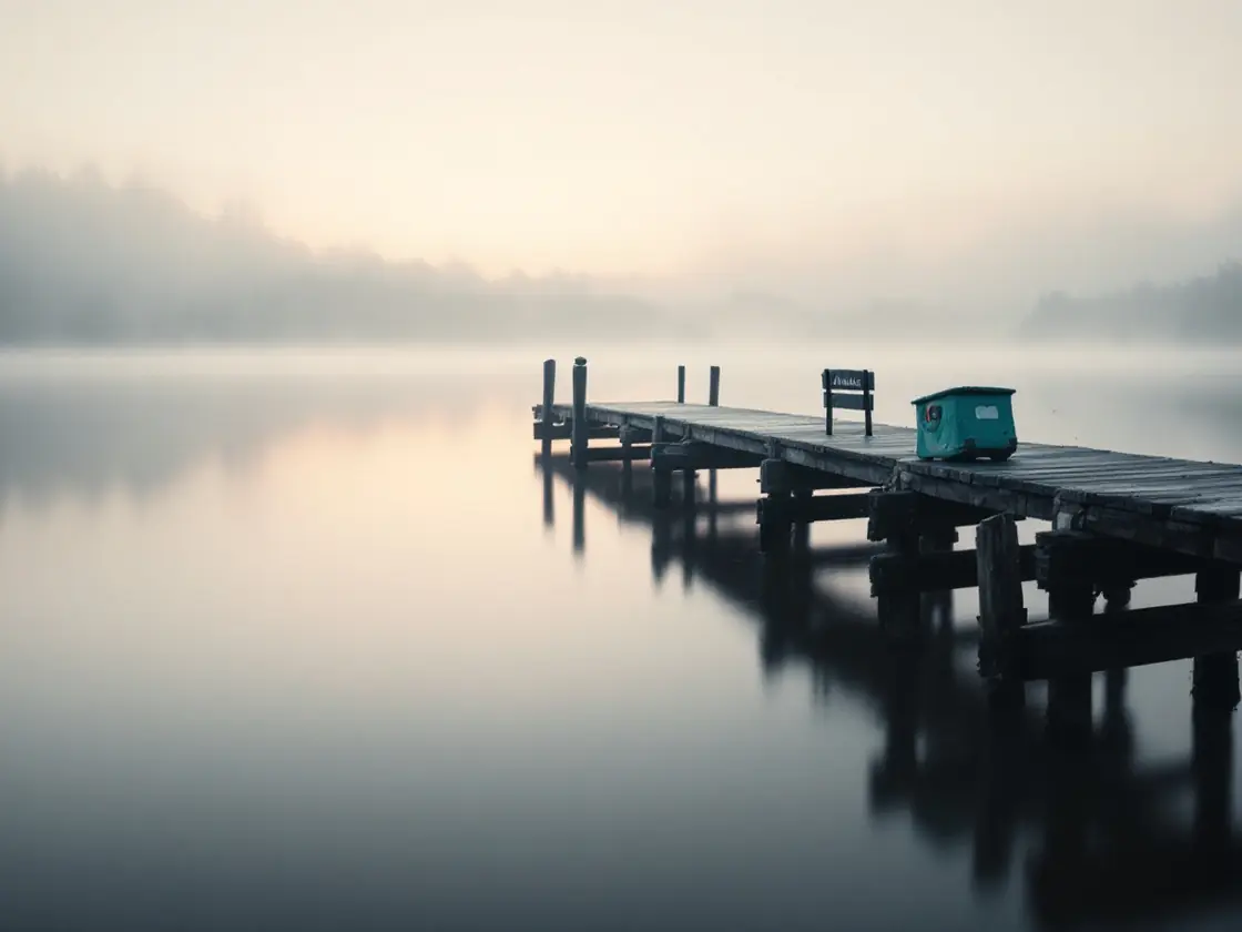 A wooden pier reaching into a still lake at sunrise with mist