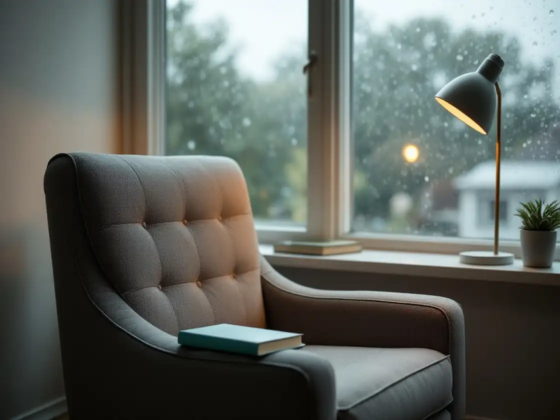An armchair by a rainy window with a lamp and a closed book