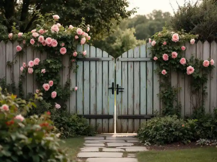 A garden gate standing half open at the end of a stone path