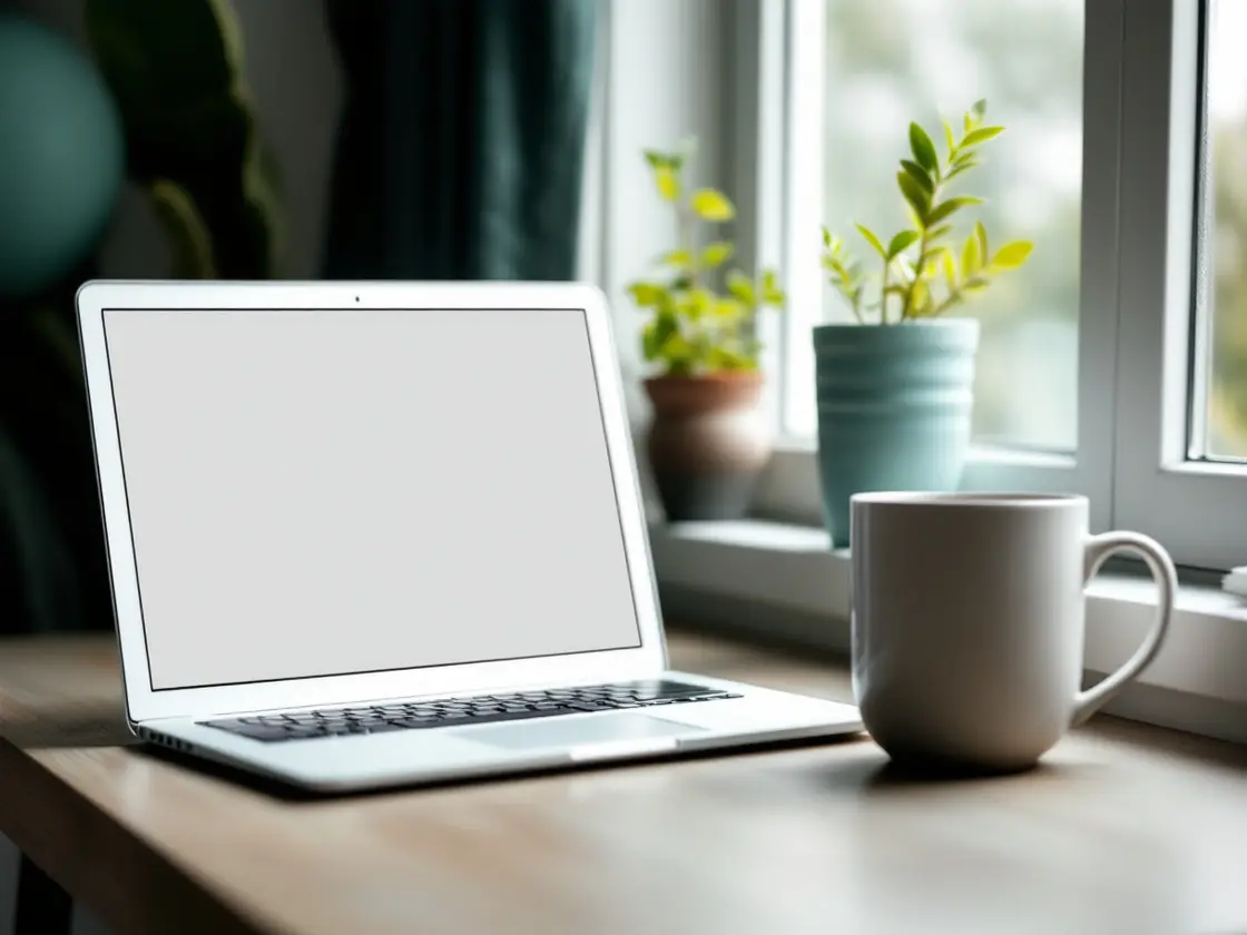 A desk with an open laptop, a cup and plants beside a window