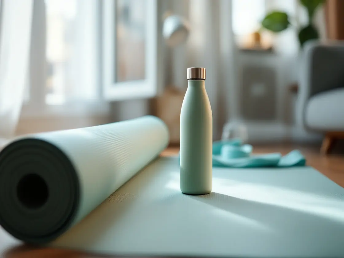 A yoga mat on a living room floor beside a water bottle
