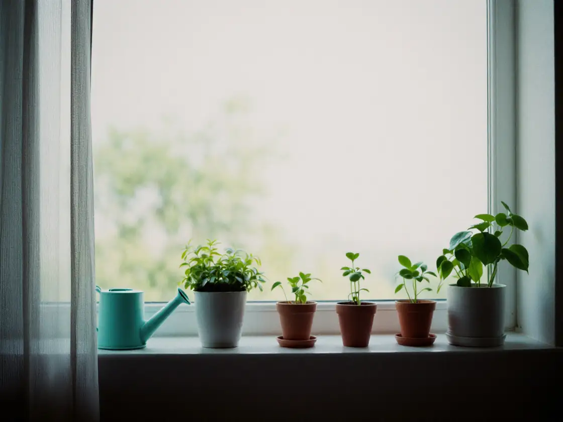 A row of small houseplants in clay pots and a watering can on a windowsill