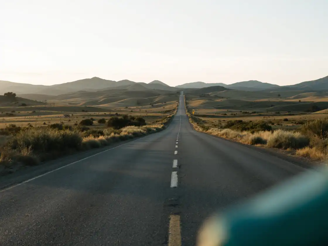 An open road through low hills at golden hour with long shadows