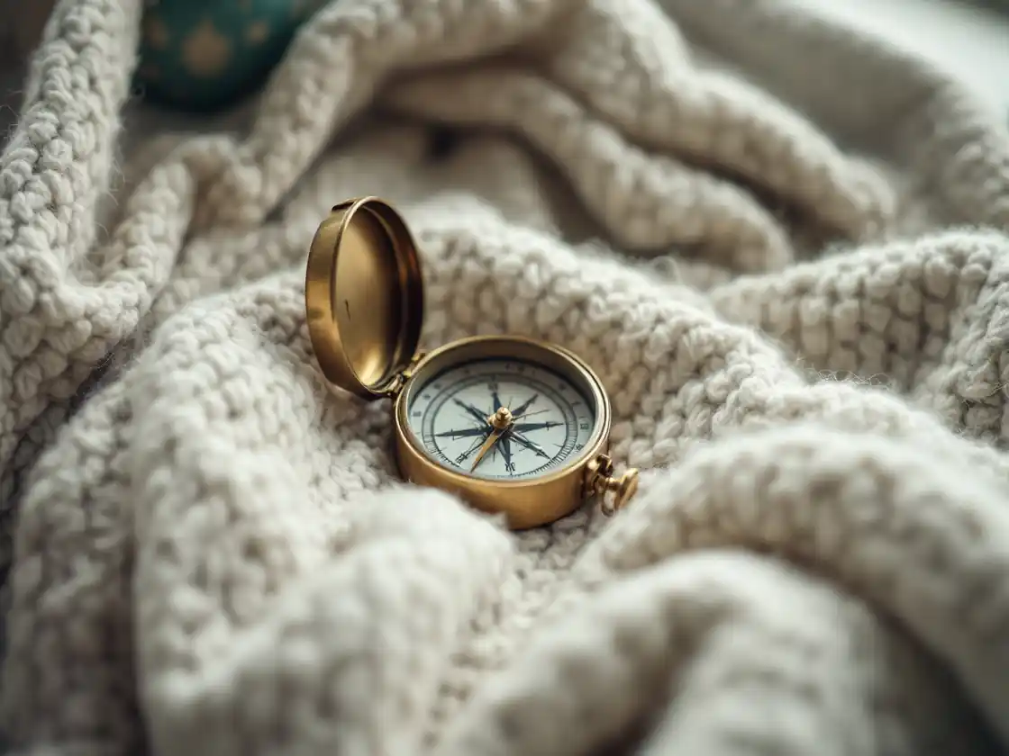 A brass compass lying on a folded wool blanket in window light