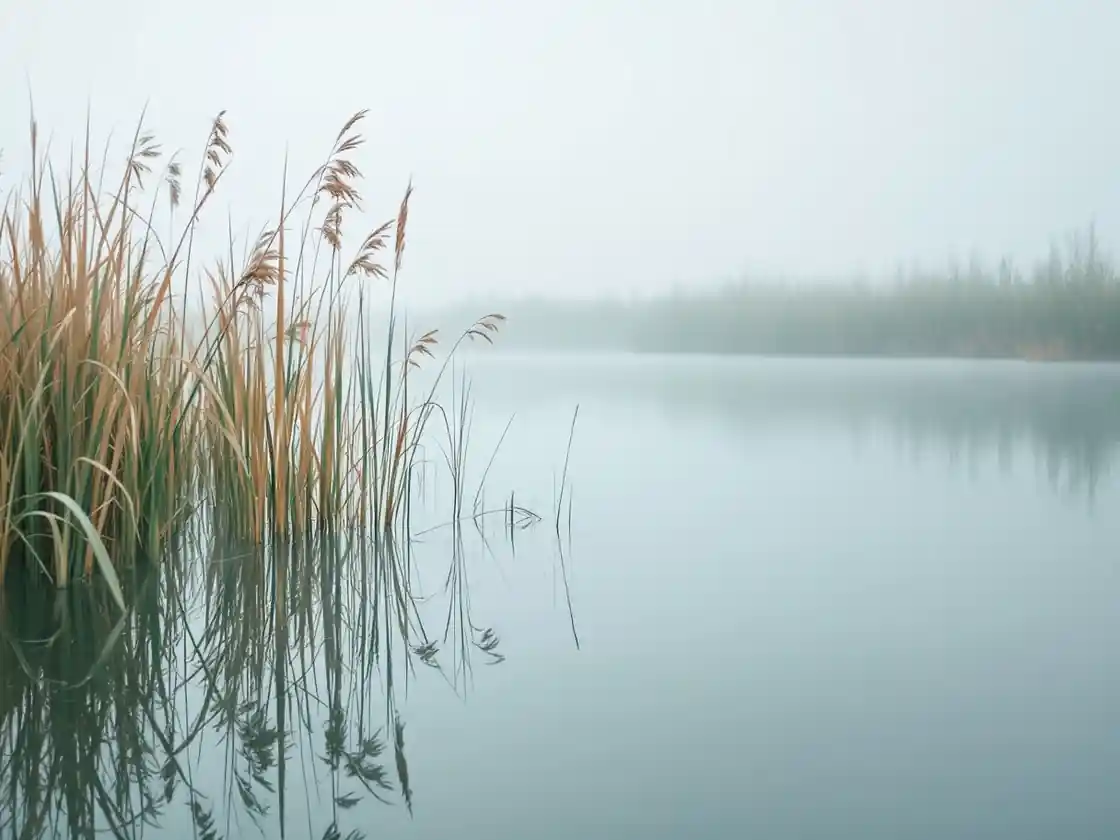 Tall reeds at the edge of a still pond in early morning mist