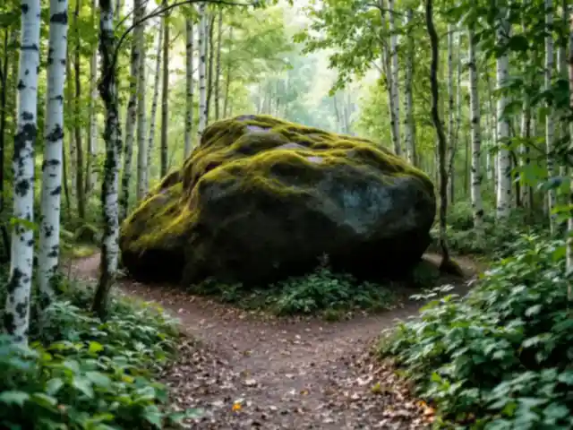 Two paths dividing around a mossy boulder in a quiet birch wood