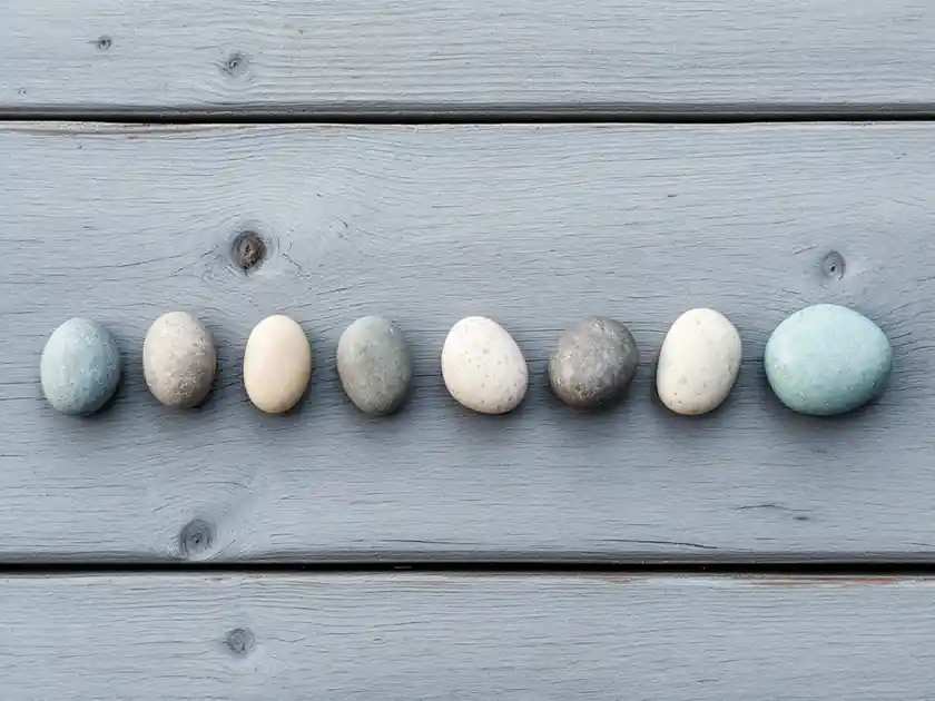 A row of smooth pebbles laid out on a weathered wooden plank