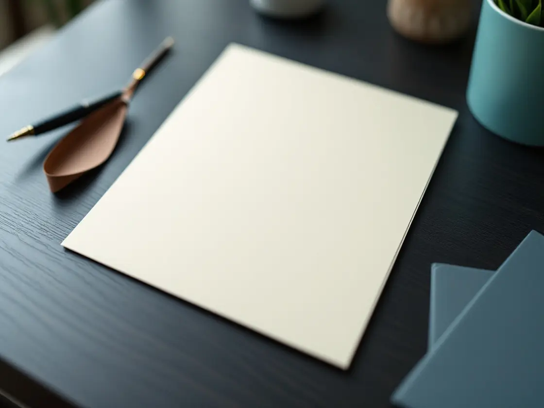 A fountain pen beside a blank sheet on a dark wooden writing surface