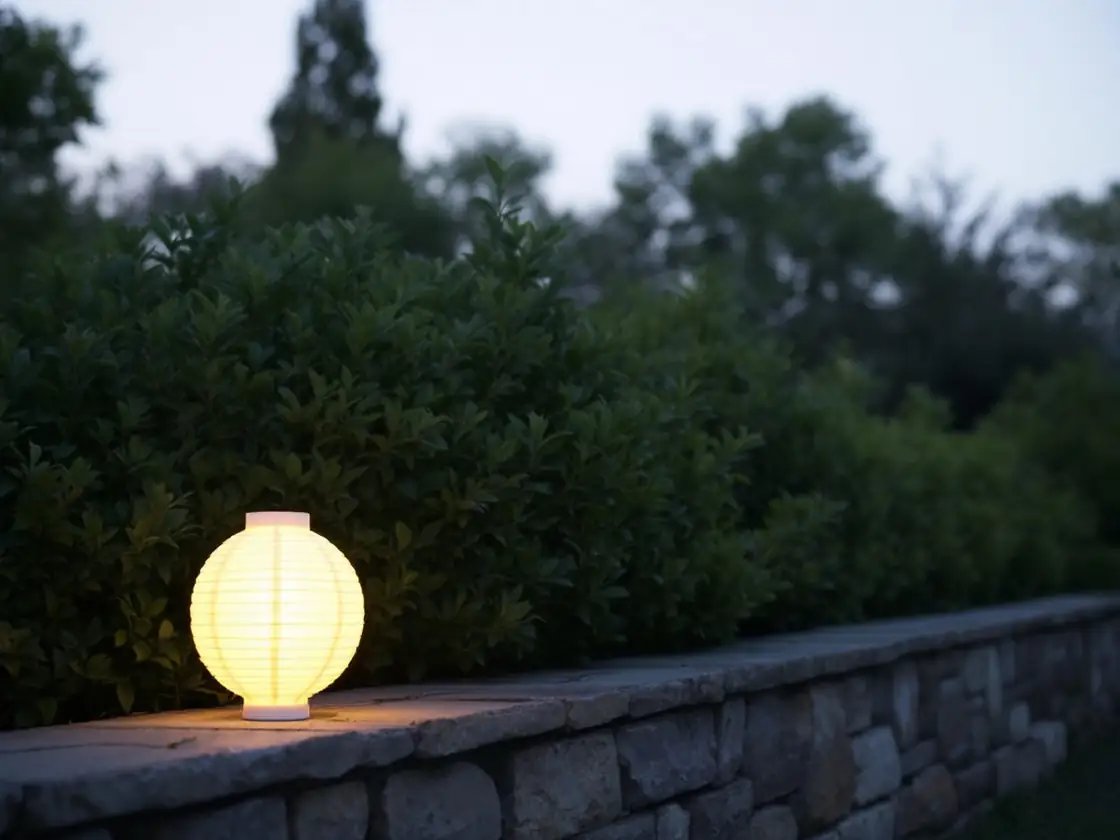 A paper lantern glowing on a stone garden wall at early dusk