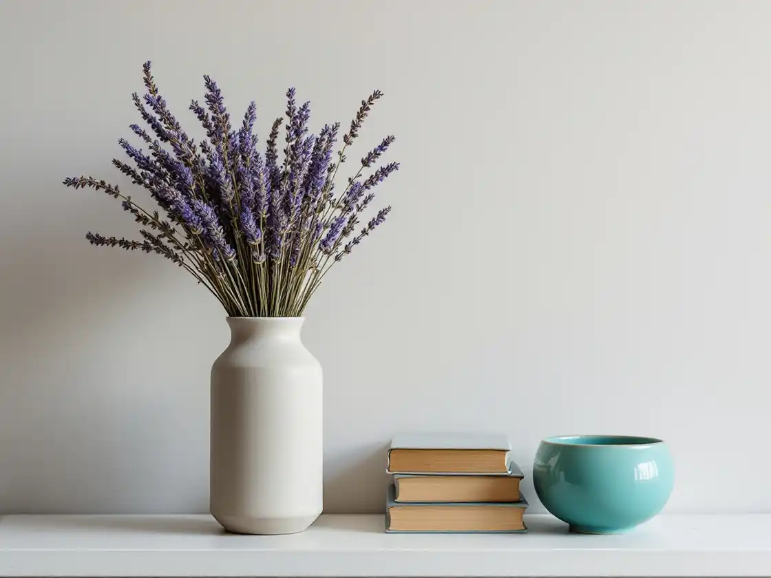 A ceramic vase of dried lavender on a bare plaster shelf