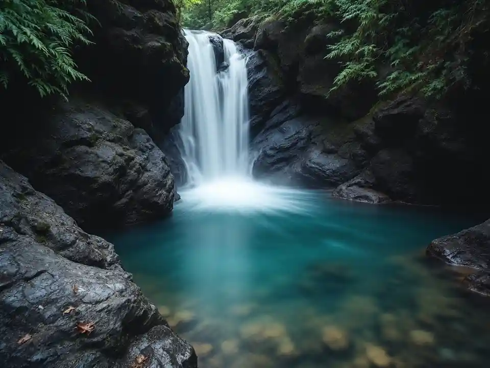 A narrow waterfall dropping over dark rocks into a clear pool