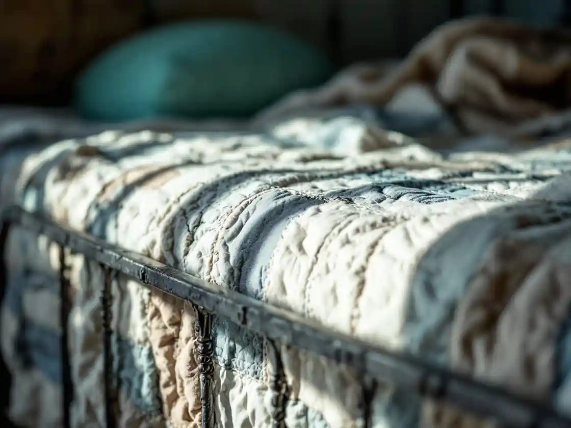 A patchwork quilt folded over the foot of an iron bed frame