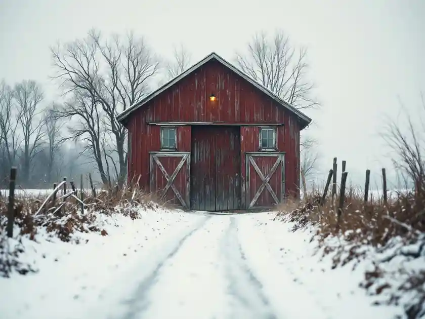 A red wooden barn at the end of a snow-dusted track in winter