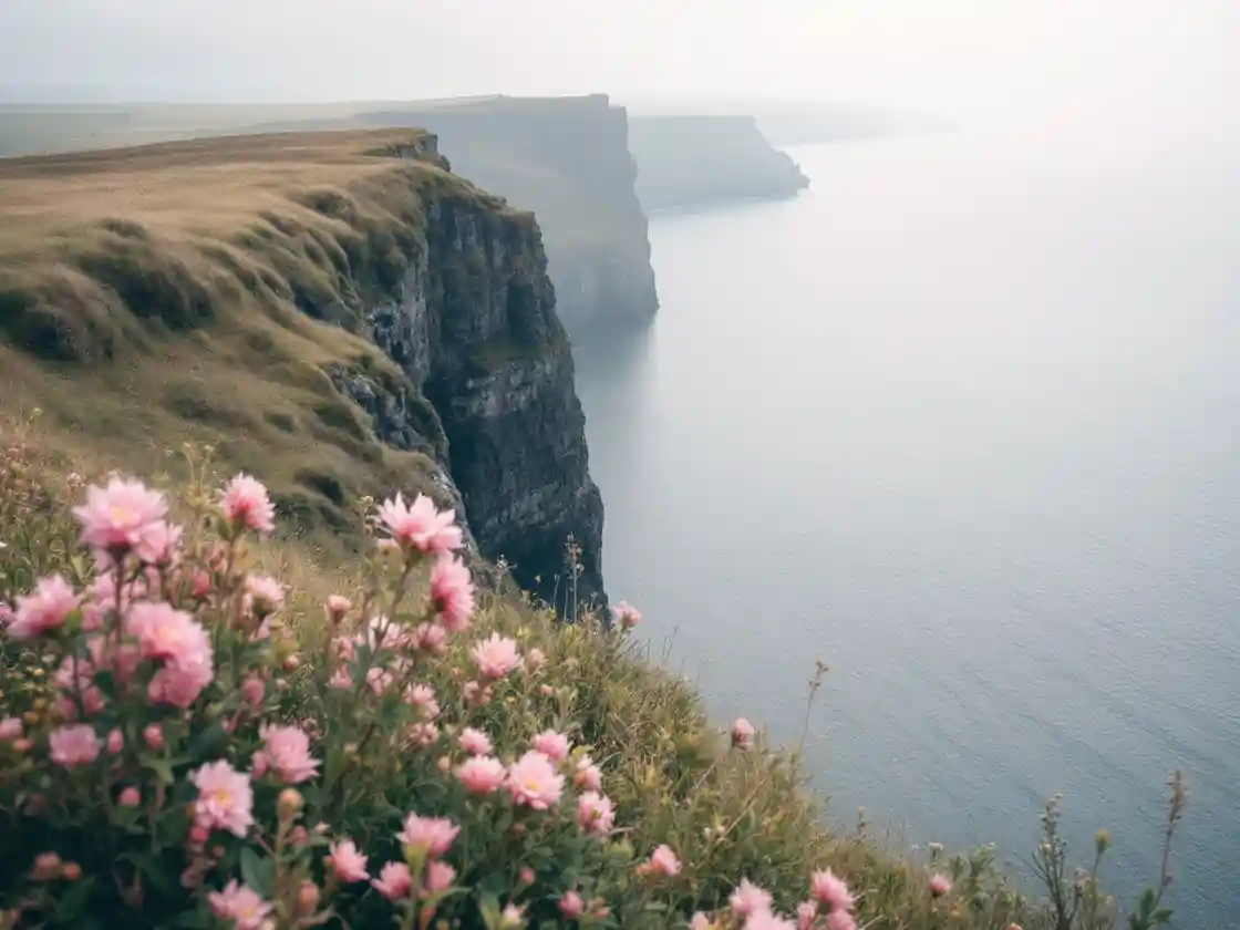 A grassy sea cliff with wildflowers above a calm grey-blue sea