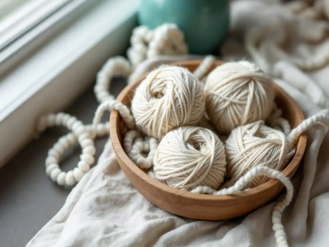Three balls of undyed wool yarn in a shallow wooden tray
