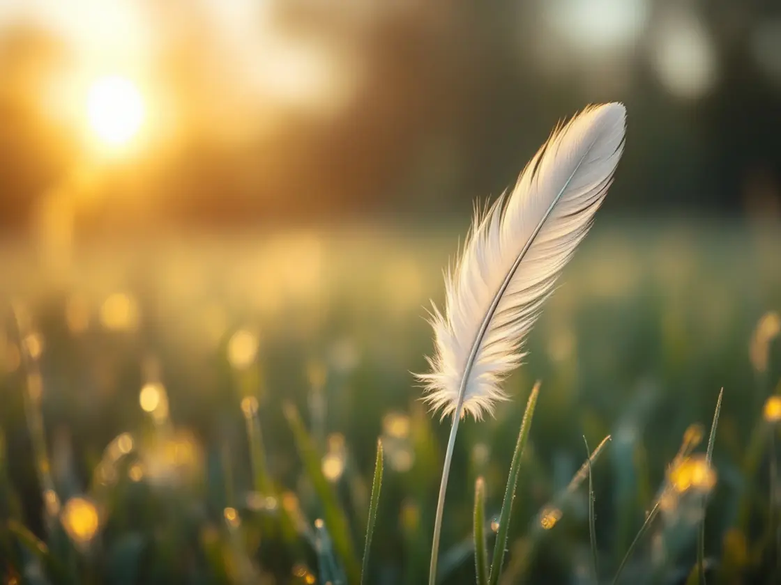 A white feather caught on dewy grass in low sunrise light