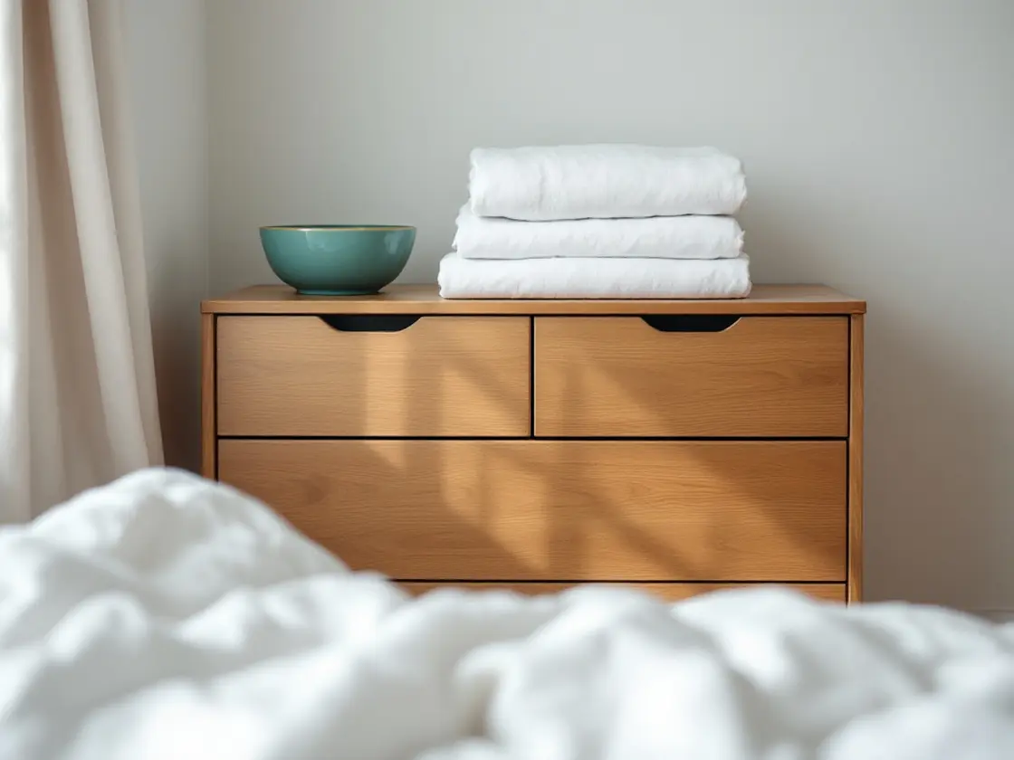 A wooden chest of drawers with folded white linen on top