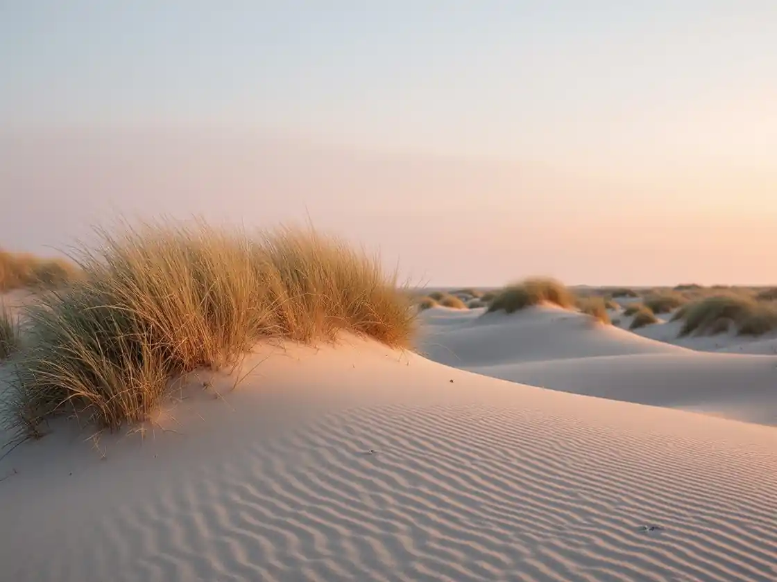 Sand dunes with tufts of marram grass under a pale sunset sky