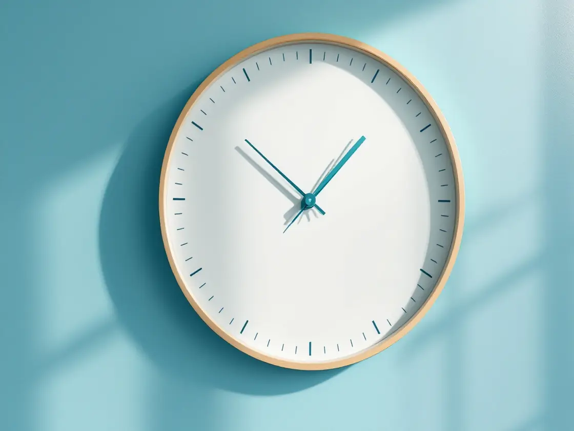A plain round wall clock without numerals on a pale blue wall