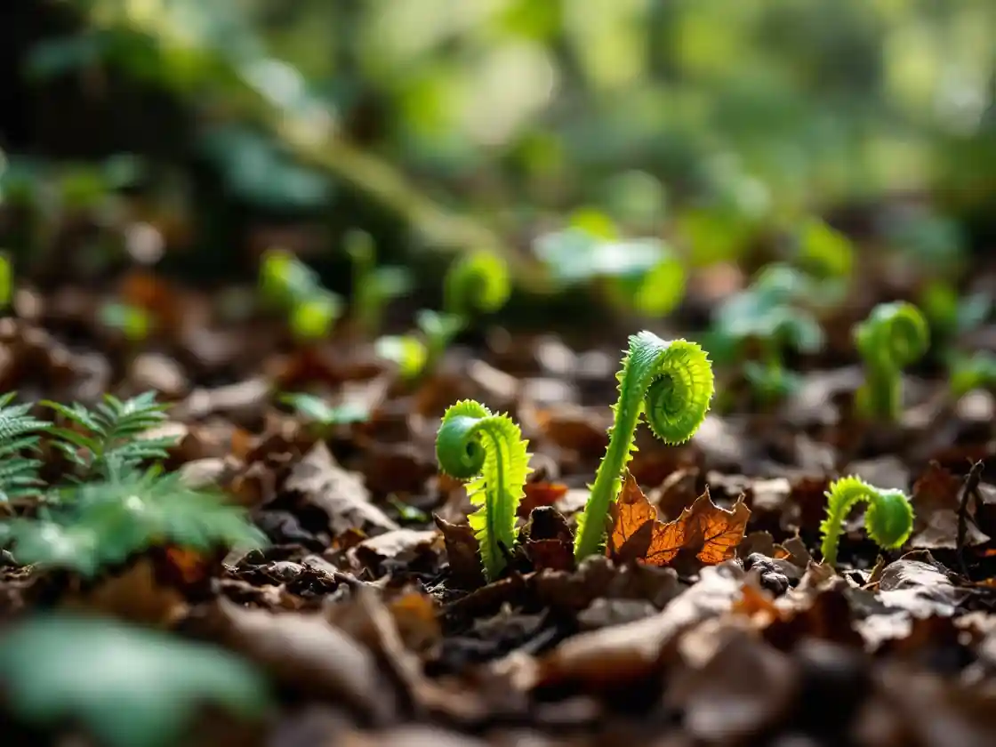 Young green ferns unfurling on a shaded forest floor in spring