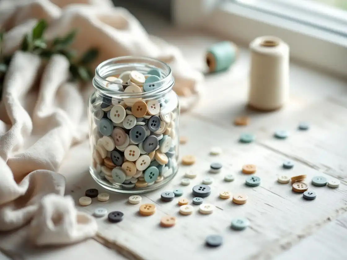 A glass jar of assorted buttons beside a spool of cream thread