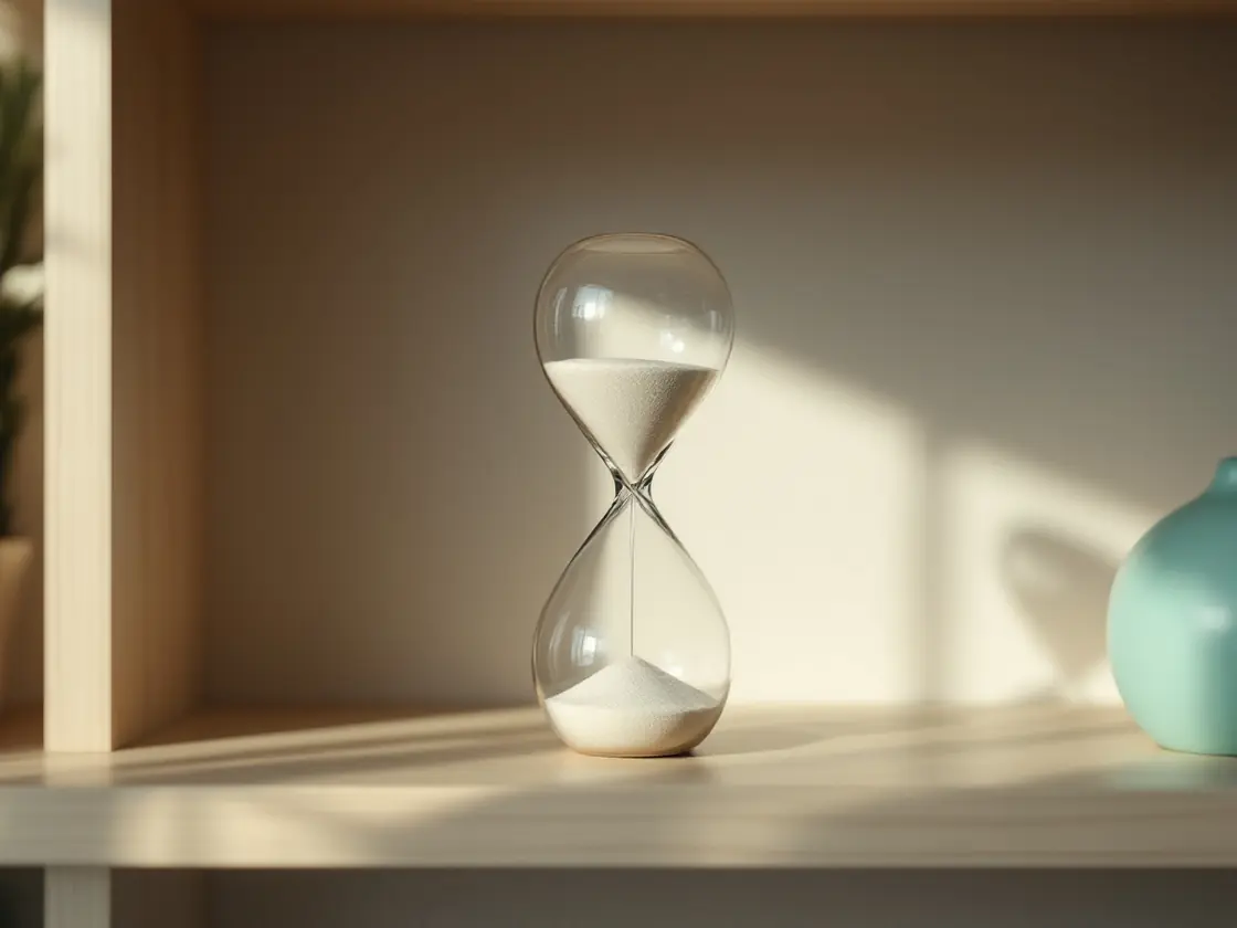 An hourglass on a wooden shelf with the sand halfway through
