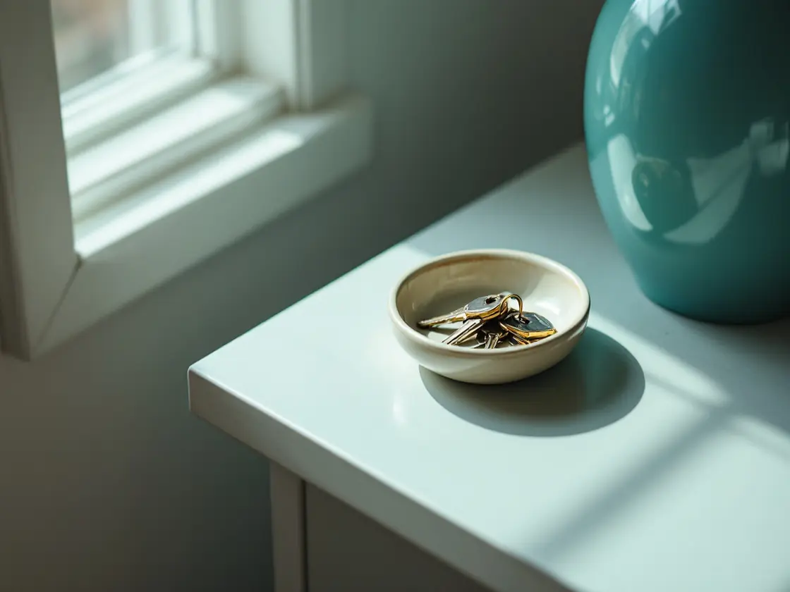 A set of house keys in a ceramic dish on an entry table