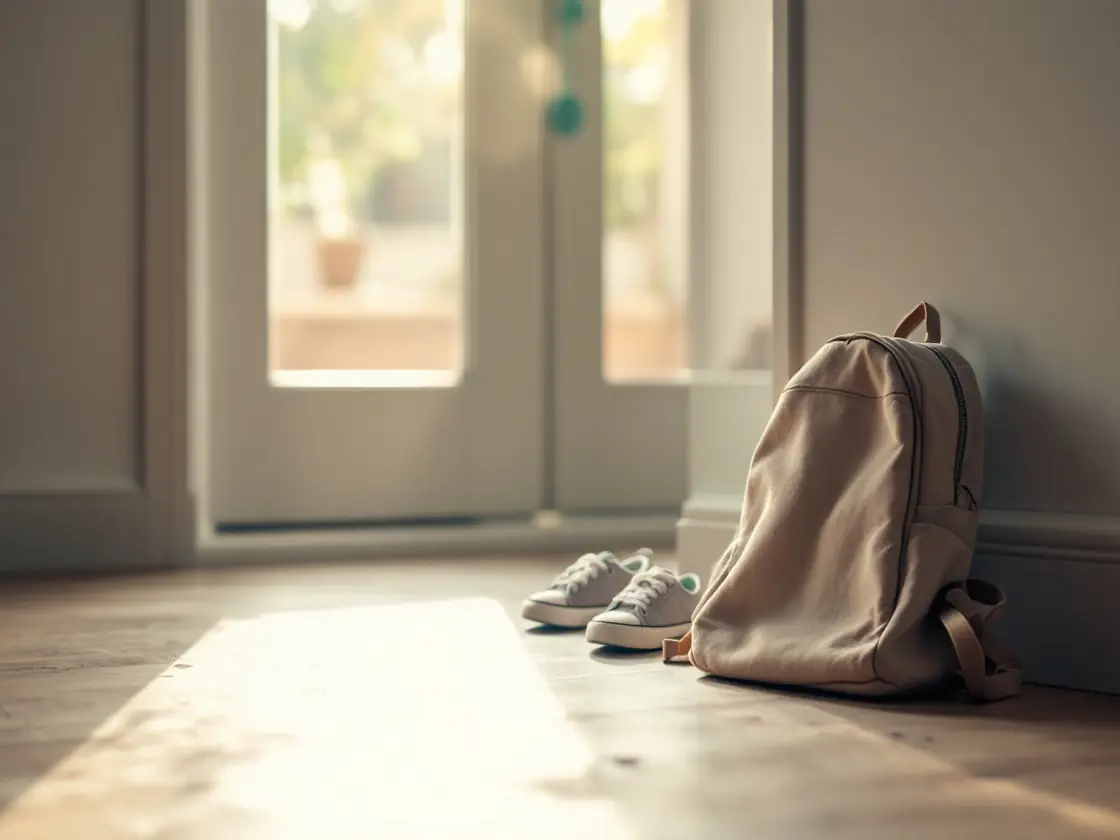 A child's backpack and small sneakers beside a front door in morning light