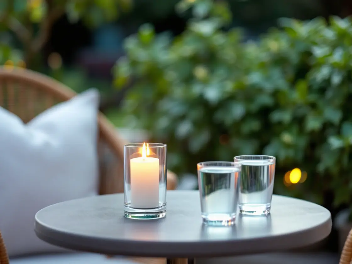A candle and two water glasses on a small bistro table outdoors