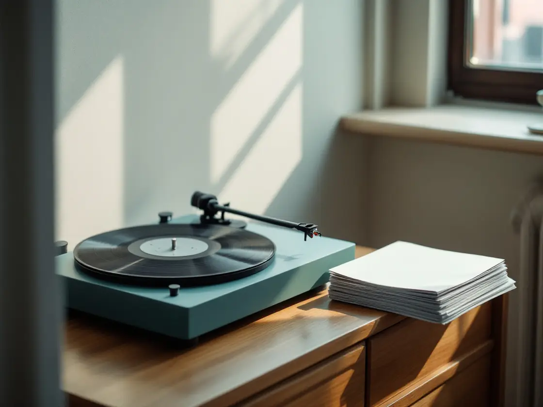 A record player with plain record sleeves stacked near a sunny window