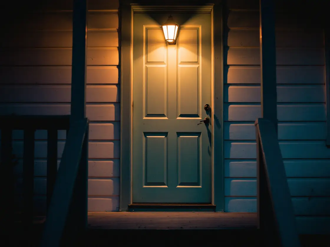 A porch light glowing above a closed front door at blue hour