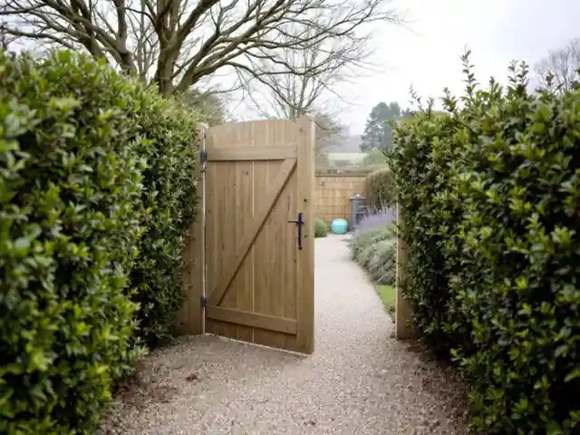 A garden gate standing open onto a gravel path between hedges