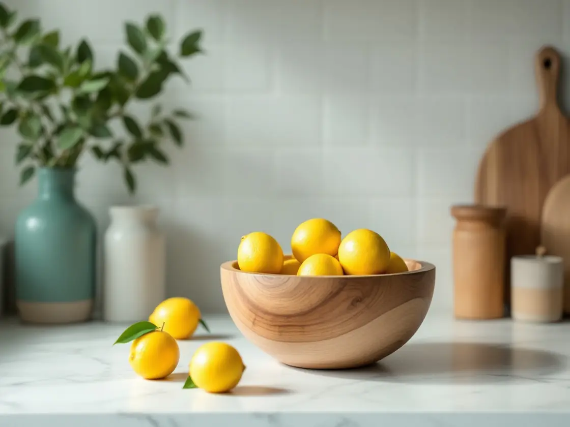 A wooden bowl of lemons on a kitchen counter in morning light