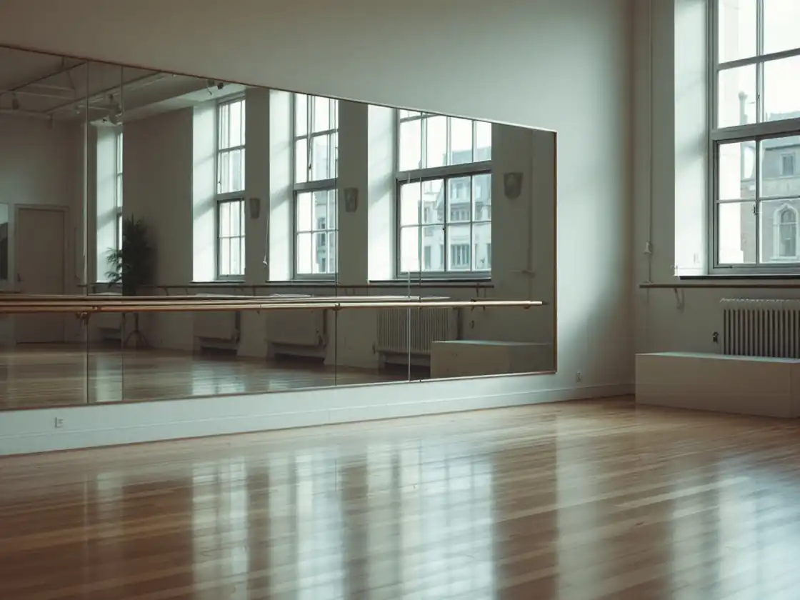 An empty dance studio with a wooden floor and tall windows