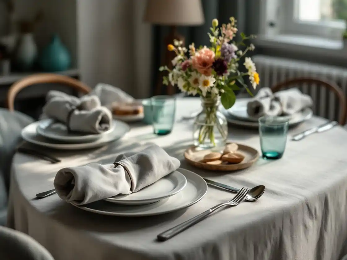 A home dinner table set for two with plates and garden flowers
