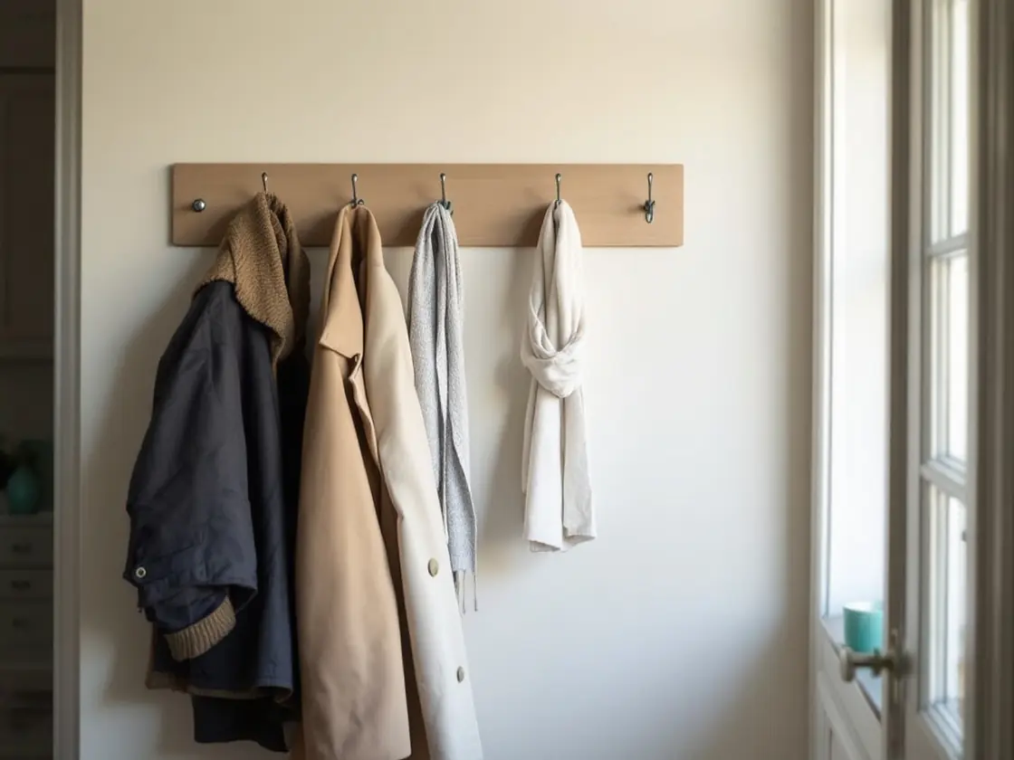Two coats and a scarf hanging on a hallway coat rack
