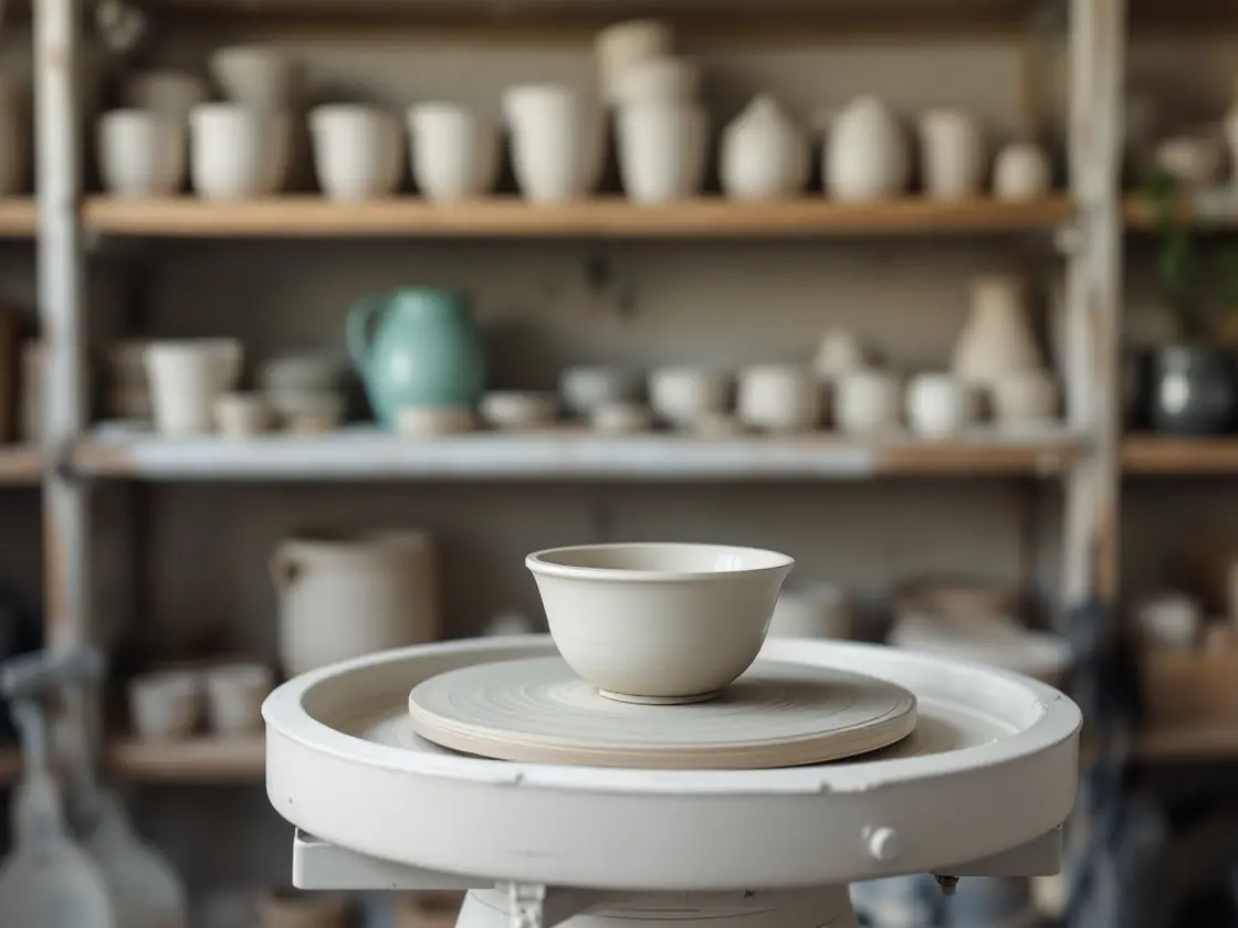 An unfinished clay bowl on a pottery wheel in a small studio