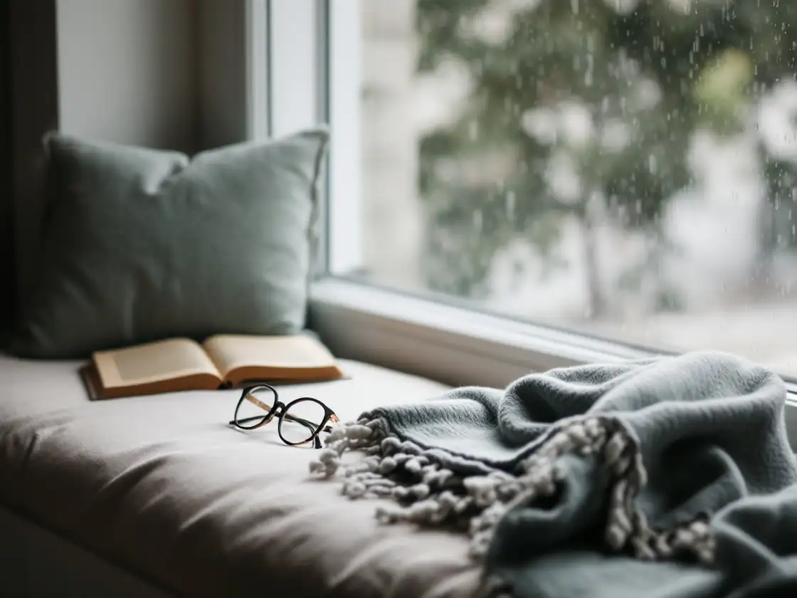 Reading glasses on a folded blanket on a cushioned window seat