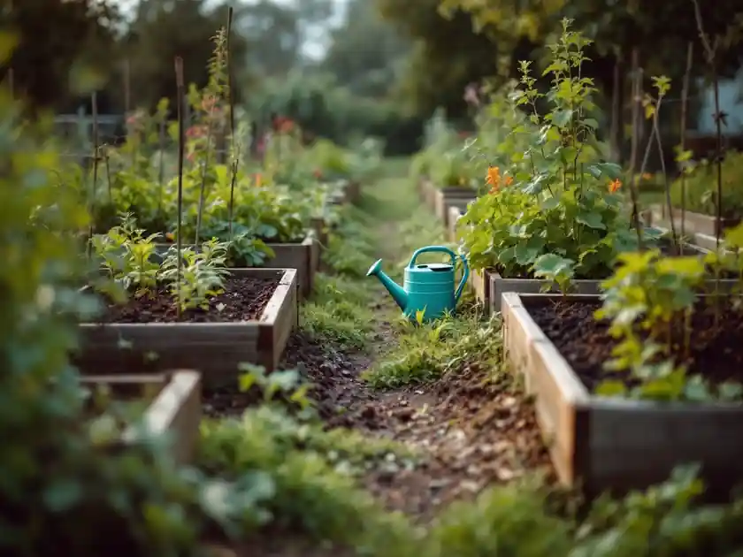 Raised vegetable beds in a community garden with a watering can