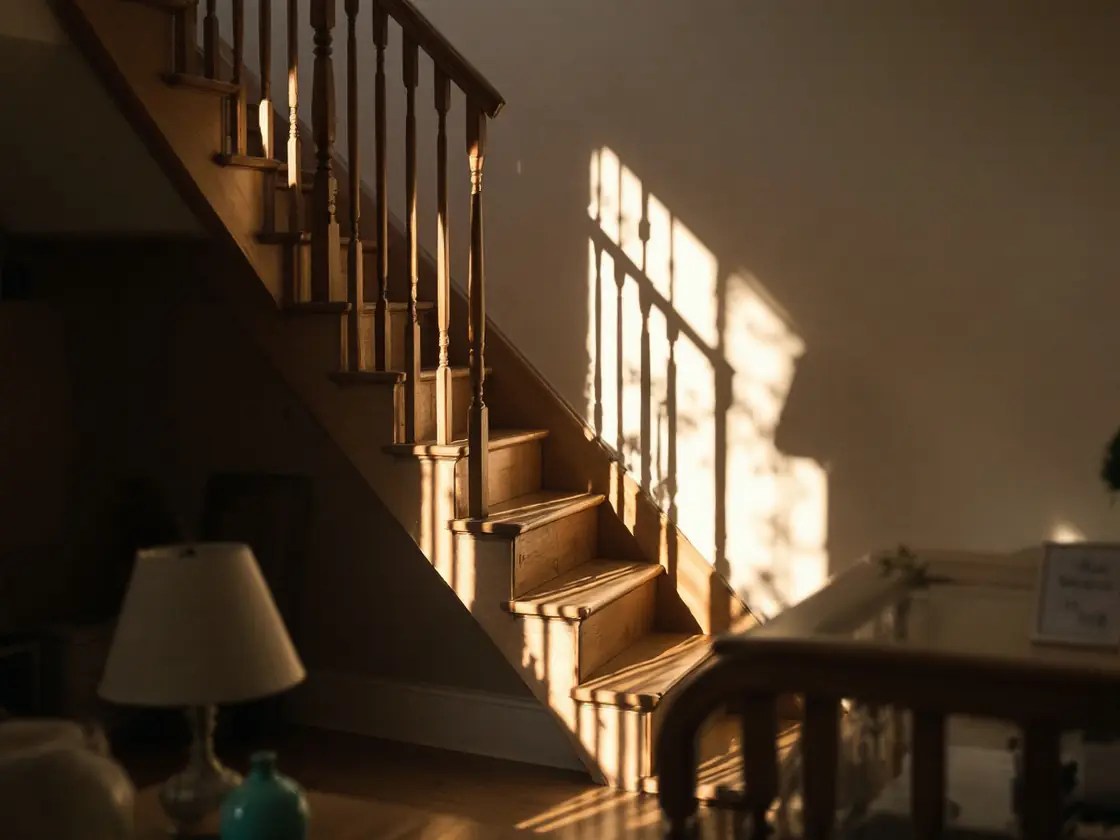 Morning sunlight falling across a wooden staircase inside a quiet house