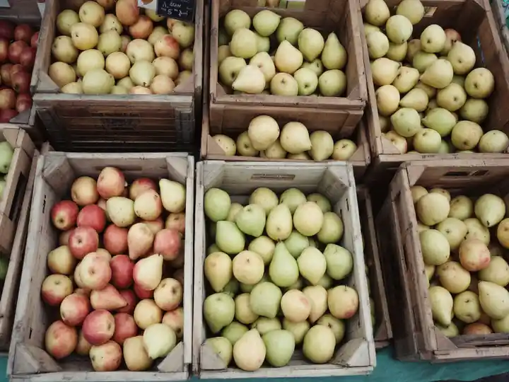 Wooden crates of apples and pears at a market stall seen from above