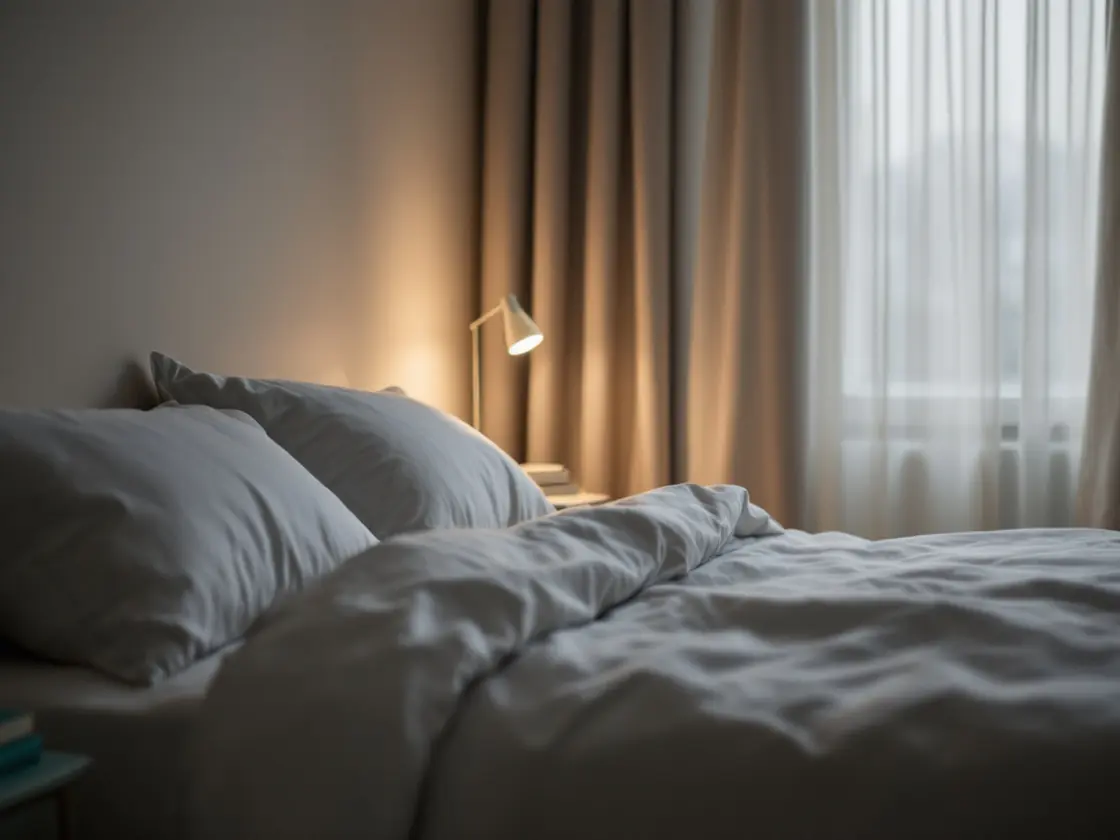 A neatly made bed with a bedside lamp switched on at dusk