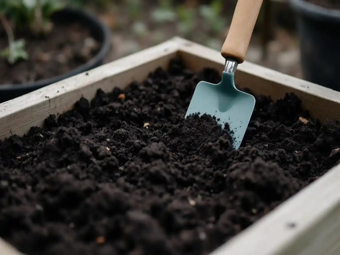 A raised garden bed with freshly turned soil and a hand trowel